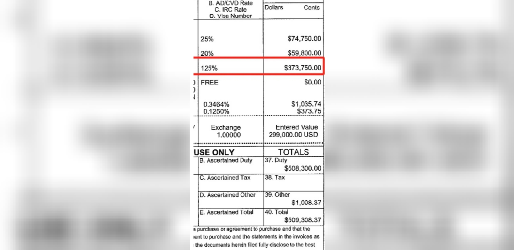 A close-up image of a printed customs bill, highlighting a shocking total import duty of 125%.